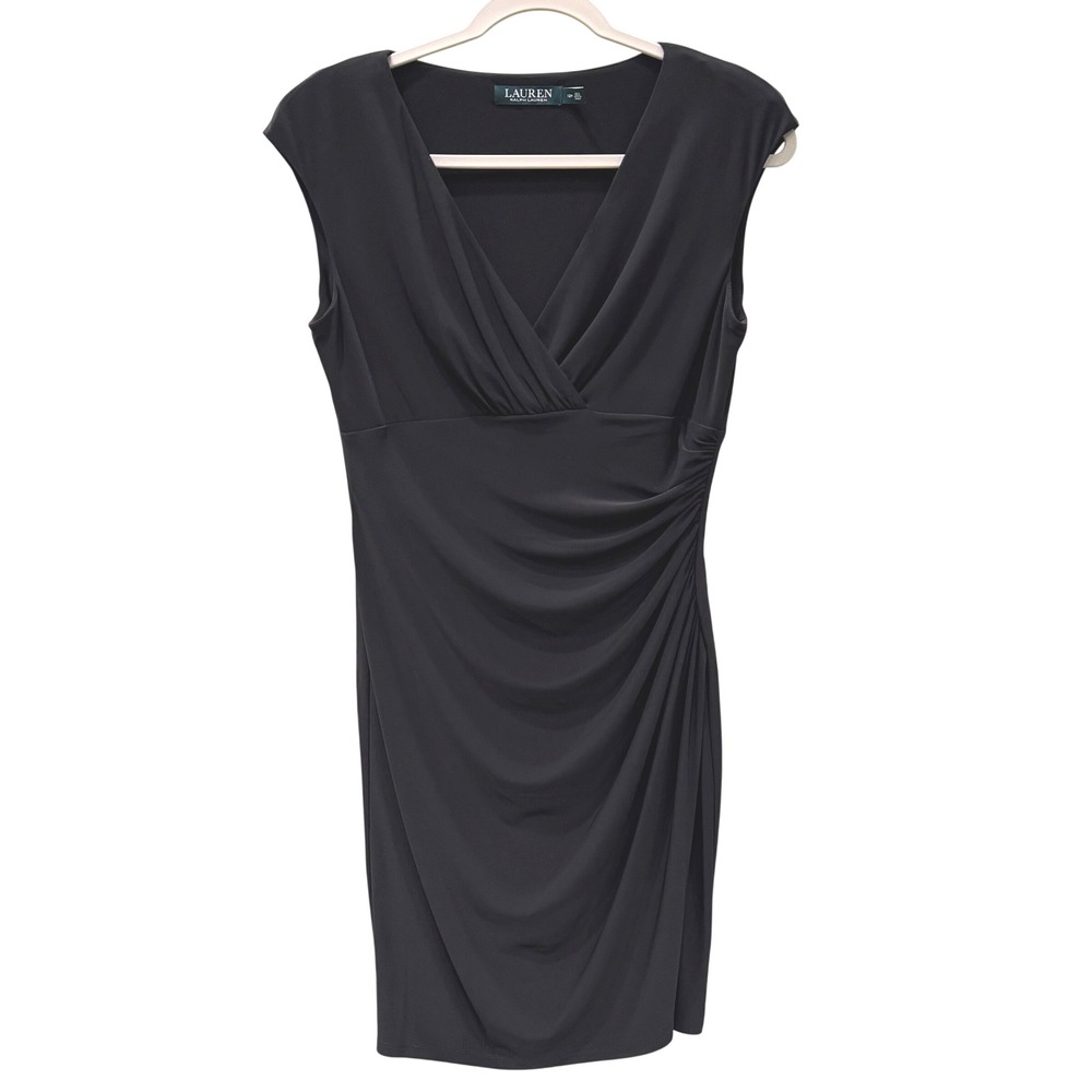 LRL Ralph Lauren Black Surplice Ruched Dress 12P Petite LBD Party Old Money